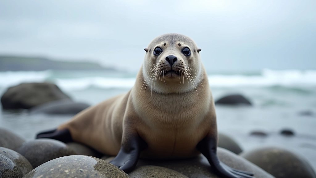 Weathered seal resting on rocky ledge with waves in background
