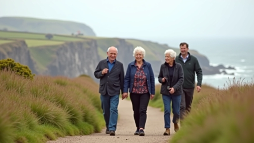 Small group of seniors walking together on Howth's coastal trail in supportive formation