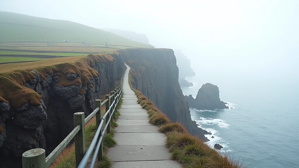 Narrow cliff-edge walking path with protective fencing, rocky sea cliff face dropping steeply below, seabirds visible, stormy grey sea in background