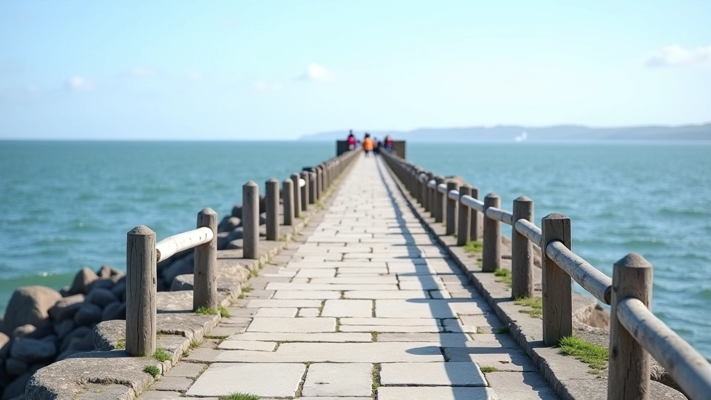 Close-up of coastal walking path with stone surface and safety railing, sea visible beyond