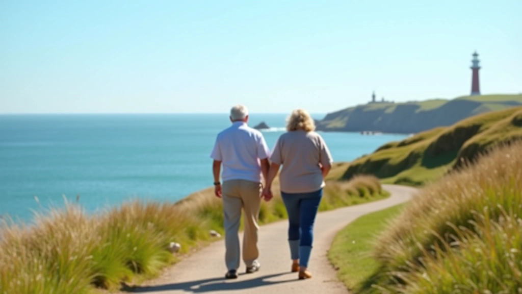 Senior couple walking along Dublin coastal path with lighthouse visible in distance